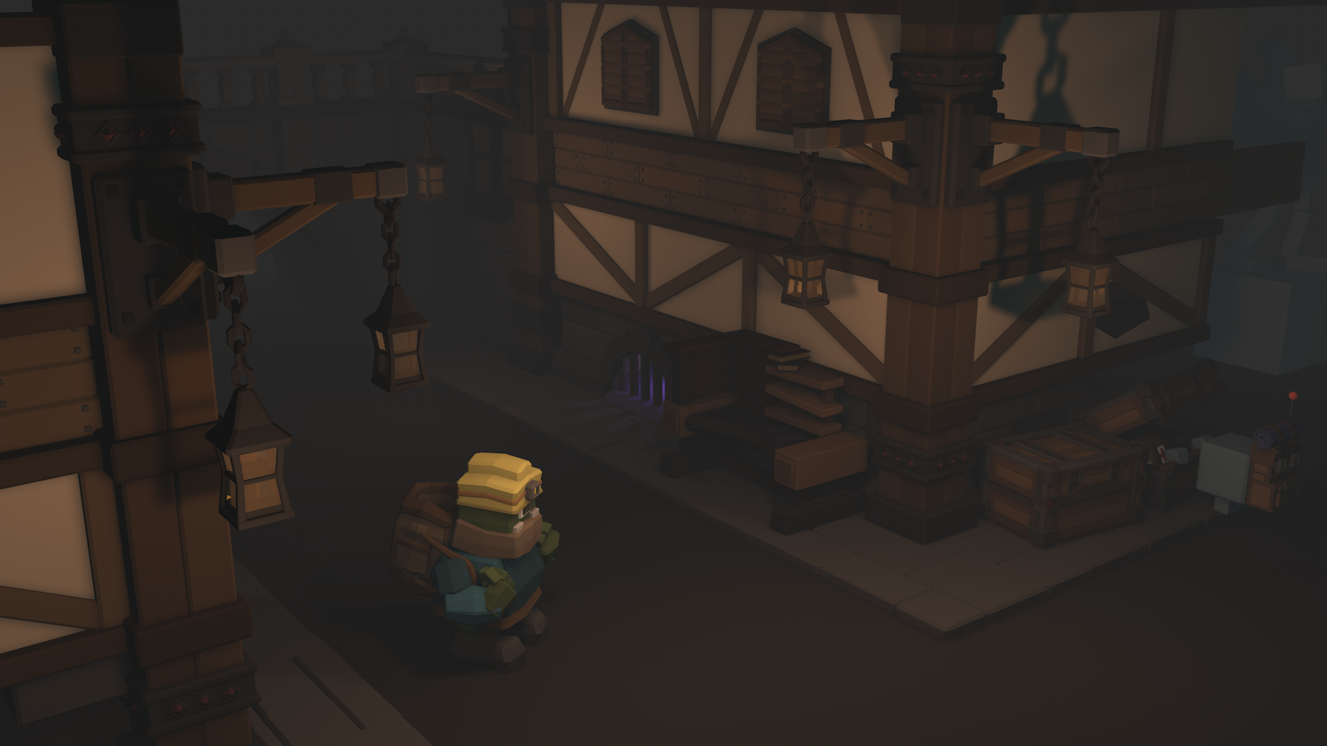 A Down2Die survivor exploring a dark medieval street