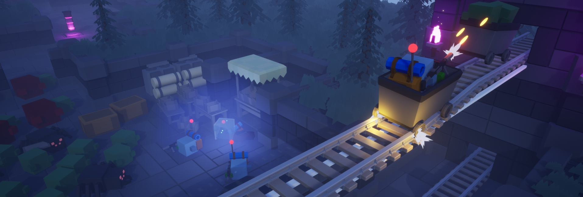 A mine cart racing through a stylized nighttime world in Down2Die